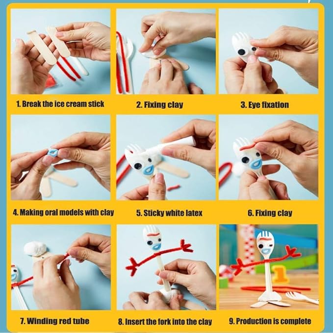 100 Set Fork Creativity Set, Plastic Sporks Red Pipe Cleaners Clever Eyes Popsicle Stick,Make Your own Forky
