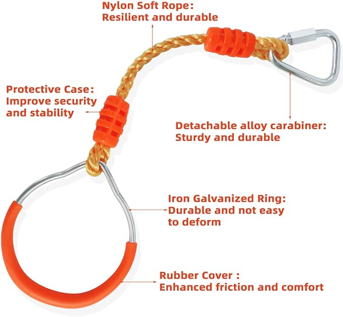 Fitness Gymnastic Ring Swing Monkey Bar Fists Trapeze Obstacle Course For Backyard Outdoor Indoor Jungle Home Gym, 4 Pack Orange Hang Ninja Rope Rings Warrior Accessories Playground Training Equipment
