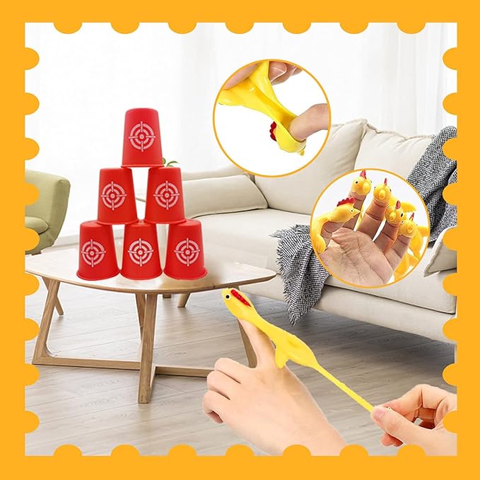 Slingshots Chicken Rubber Chicken 12 Dart Cups Flying Chicken Shooting Games Fidget Toys Stress Relief Finger flingers Stretchy Funny Party Game for Easter's Day Gift Children Adults