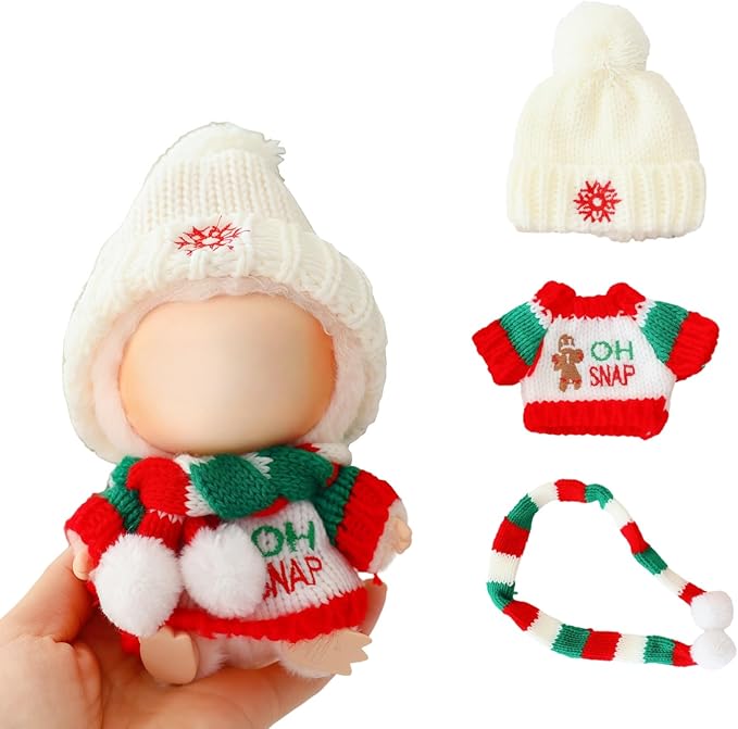 Christmas Clothes for Lu bubu 17cm Dolls(No Doll) Accessories,, Stylish Kawaii Festive Christmas Sweater Scarf Outfit Set 3 Pieces Suitable for 17cm Doll , Xmas Doll Clothing Set Replacement