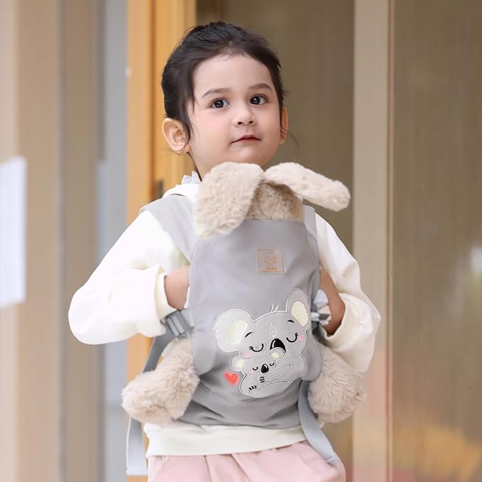 GAGAKU Doll Carrier for Kids Toy Baby Carrier Reborn Doll Carrier with Adjustable Straps for Stuffed Animal American Girl Doll Bitty Baby Doll Accessories - Gray - Embroidered Koala (GGKDC1705)