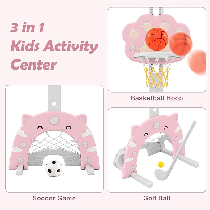 OLAKIDS Toddler Basketball Hoop, 3 in 1 Height Adjustable Kids Sports Activity Center Indoor Outdoor with Soccer Goal Golf Ball and Club, Baby Toy Game Play Set Gifts for Boys Girls