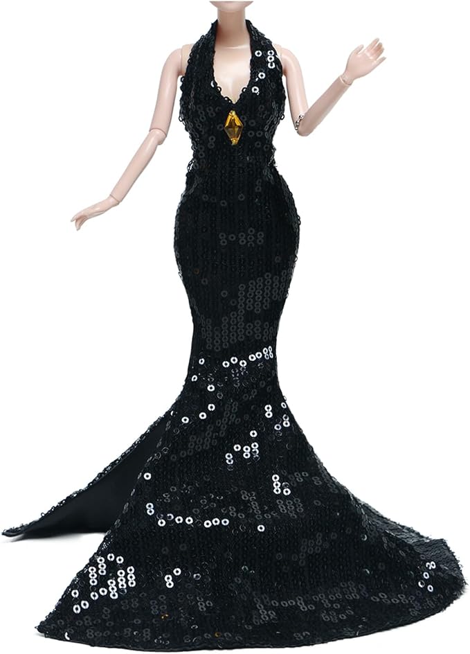 Gorgeous Handmade Doll Dress, Doll Clothes Evening Gown with Sequin Fashion Show, Wedding Party Outfits for 11.5 inch Dolls Accessories (Black)
