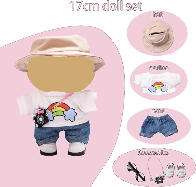 6-Piece 17cm Doll Clothes Set - Trendy Outfit with Hat, Pants, Glasses & Mini Camera, Fashion Accessories Compatible with Vinyl Face Pendant (Style F, No Doll)