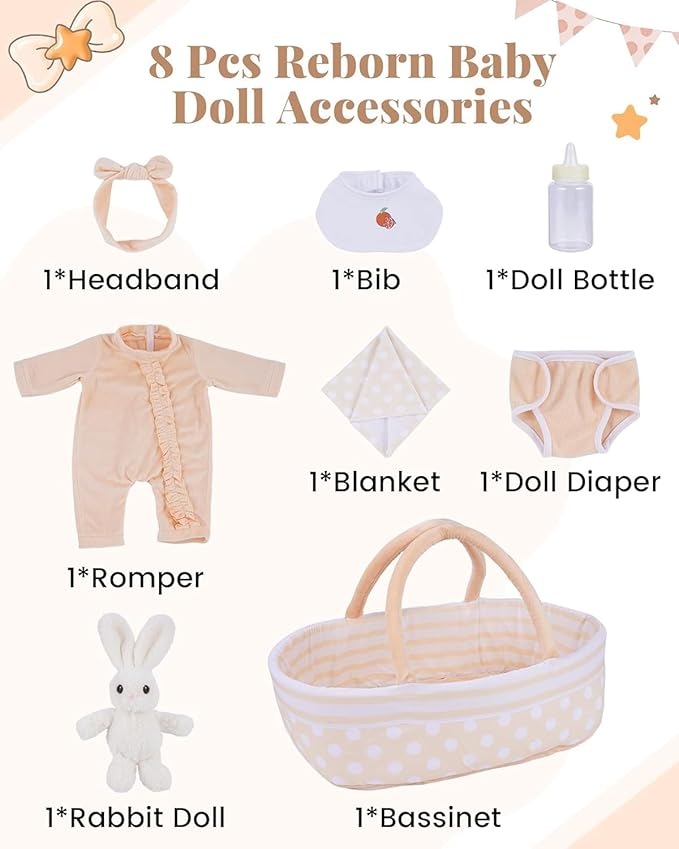 BABESIDE 8 PCS Reborn Baby Doll Clothes Set with Bassinet for 17-22 Inch Dolls Babys Doll Clothes Outfit Accessories fit Baby Doll Girl Boys, Yellow