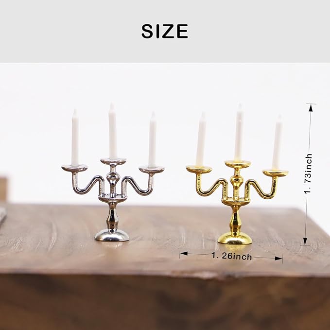 Dollhouse Candlesticks, Miniature Metal Candelabra, 1:12 Dining Candle Holder with 3 Candles, for Dollhouse Miniature Kitchen, Fairy Garden, Diorama (1PCS) (Golden)