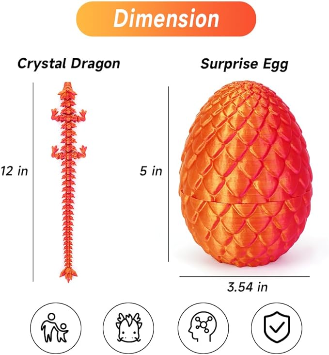 12 in 3D Printed Dragon Egg - Easter Basket Essentials Stuffers, Prefilled Easter Egg Filled with Toy for Kid Boys, Crystal Articulated Dragon Fidget Toys (Laser Red)