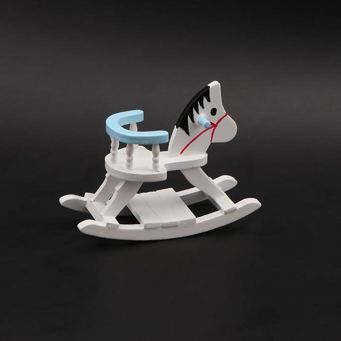 Dollhouse Miniature Rocking Horse Chair 1:12 Scale Wooden Accessories Cute Cockhorse Dollhouse Furniture Decoration Model Baby Room (Blue)