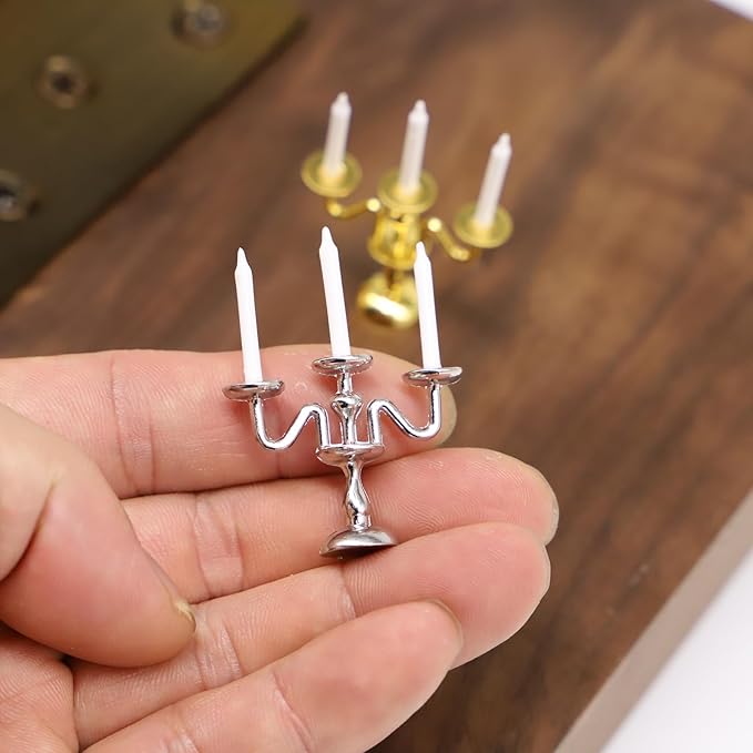Dollhouse Candlesticks, Miniature Metal Candelabra, 1:12 Dining Candle Holder with 3 Candles, for Dollhouse Miniature Kitchen, Fairy Garden, Diorama (1PCS) (Golden)