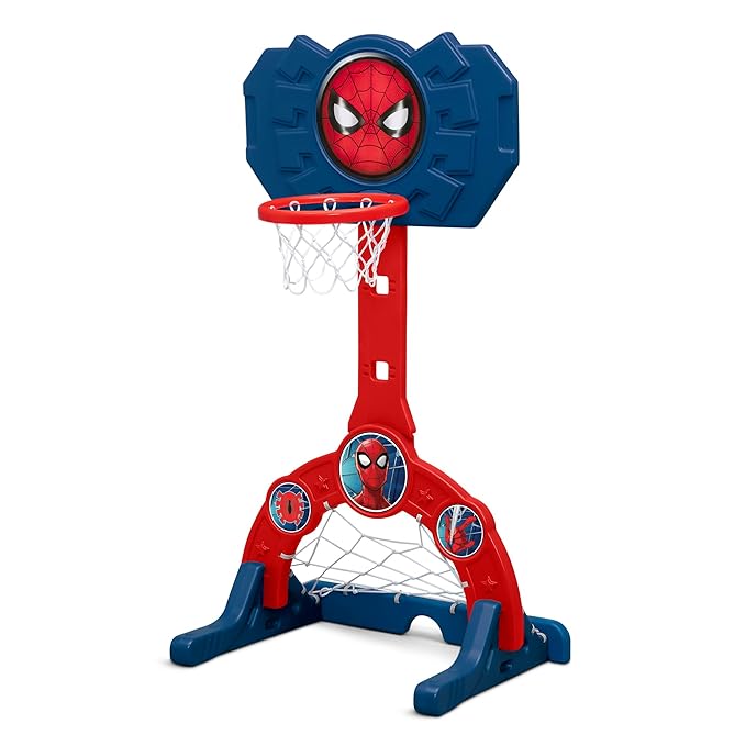 Delta Children Marvel Spider Man 4-in-1 Sports Center – Adjustable Easy Score Basketball Hoop, Soccer/Hockey Net and Golf Game, Red/Blue