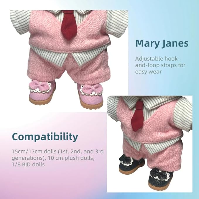 Premium Doll Shoes for Lububu, 15cm 17cm Dolls Accessories, Mini Leather Shoes Fashion Dress Up Doll Shoes Replacement (2, Mary Jane - Black & Pink)