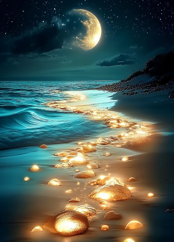 1000 Piece Jigsaw Puzzle for Adults, Moonlit Beach Glow in The Dark Night Scene Puzzle, 20x28 Inch Ocean Landscape Art for Relaxation, Home Decor