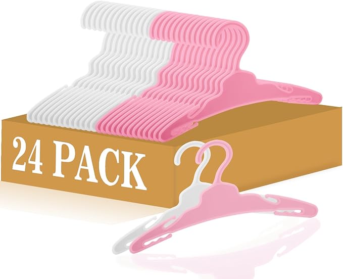 24 Pcs Doll Clothes Hangers for 18-Inch Dolls - Non-Slip, Space-Saving Wardrobe Accessories for Doll Gowns & Outfits (White&Pink)