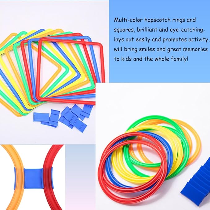 Hopscotch Squares and Hopscotch Ring Games 11in/ 15in with 30 Connectors for Kids Balance Agility Training Obstacle Course, Indoor Outdoor Backyard Activity, Birthday Fun Play for Boys Girls