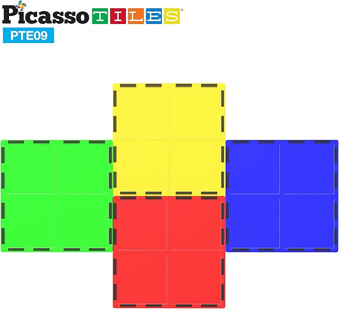 PicassoTiles 4pcs Magnetic Building Block Large Square Shape Magnet Tiles Construction Toy STEM Learning Kit Educational Playset Playboard Pretend Play Stacking Blocks Child Brain Development PTE09