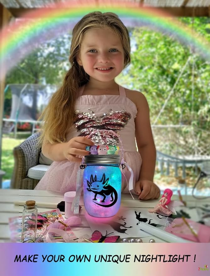 Make Your Own Axolotl Lantern Jar Night light Arts and Crafts for Kids, Axolotl Gifts, Birthday Present for Girls and Boys Ages 3 4 5 6 7 8 9 10 11 12+ Years old, Toys for Little Girls Animals Craft