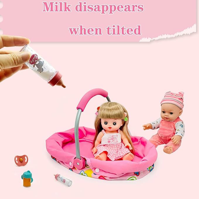 Baby Doll Accessories Bassinet Portable Carrier with Milk Bottle for 8-12 Inch Baby Doll Crib Set Cradle Sleeping Basket Bed Toys