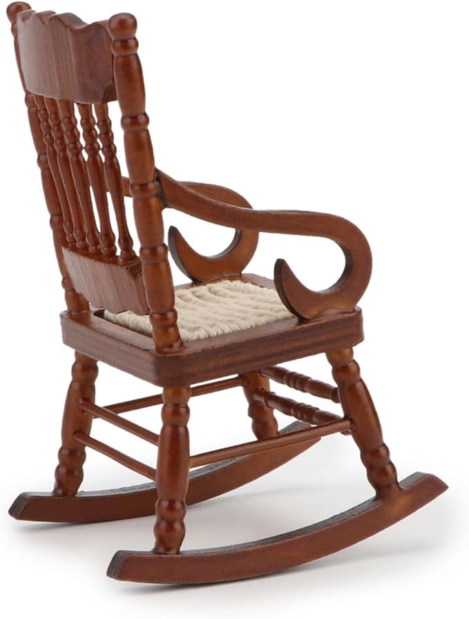 Dollhouse Miniature Rocking Chair 1:12 Scale Wooden Furniture Accessories Tiny Mini House Home Outdoor Decoration Model Living Room Scene Christmas Craft Displays (Brown)