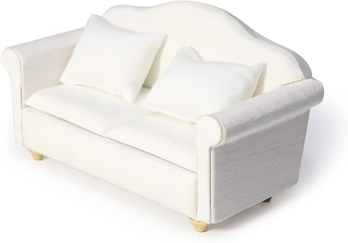 Dollhouse Couch Miniature Sofa with Pillows Dollhouse Living Room Funiture 1:12 Scale Model 3 Pcs High Simulation Upholstered Wooden Fabric Armchair Mini Room Artificial House Scene Decoration (White)