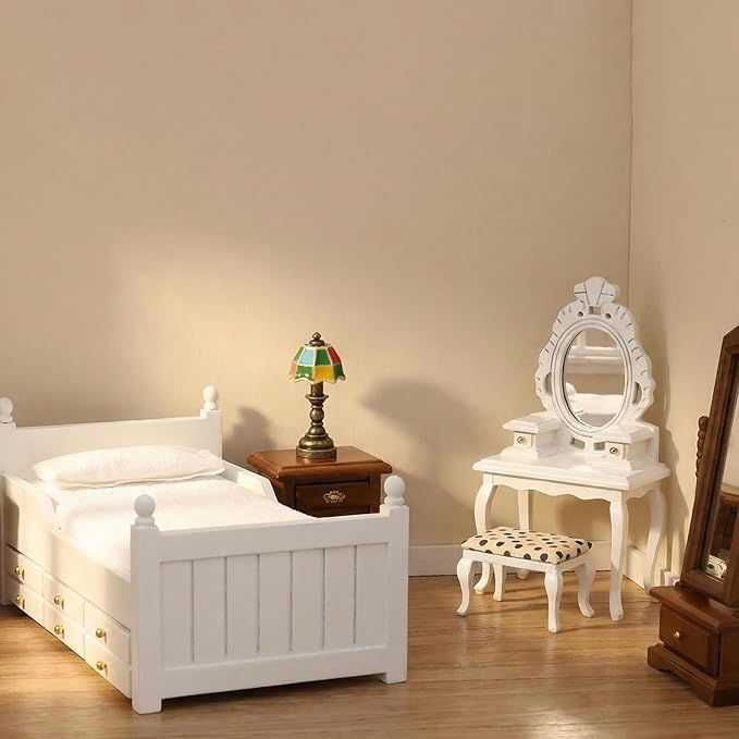Dollhouse Miniature Bed with Drawer 1:12 Wooden Furniture European Bedroom Bedding Furniture Accessories with Pillow & Mattresses Vintage Floral Fabric Mini House Decoration