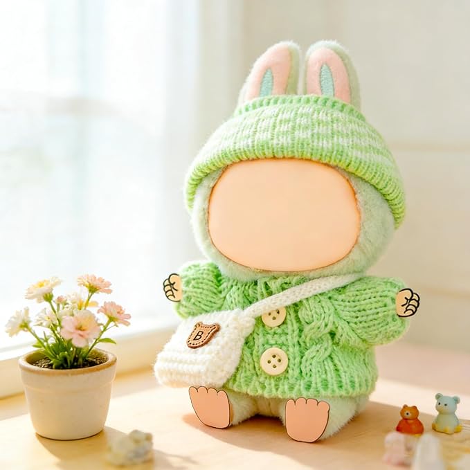 17cm Doll Clothes Set for Lububu, Designer Hand-Crocheted Green Sweater Outfit with Hat & Backpack，Cute Ropa Clothing and Accessories for 15cm Have a Seat Series Dolls Display and Dress-Up