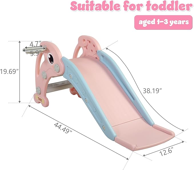 TOBBI Kids Slide for Indoor and Outdoor, Freestanding Slide for Toddler Playground Slipping Slide Climber Toy Playset with Basketball Hoop & Ball, Pink