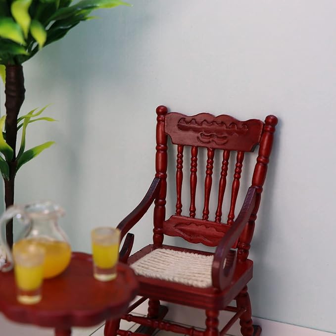 Dollhouse Miniature Rocking Chair 1:12 Scale Wooden Furniture Accessories Tiny Mini House Home Outdoor Decoration Model Living Room Scene Christmas Craft Displays (Red)