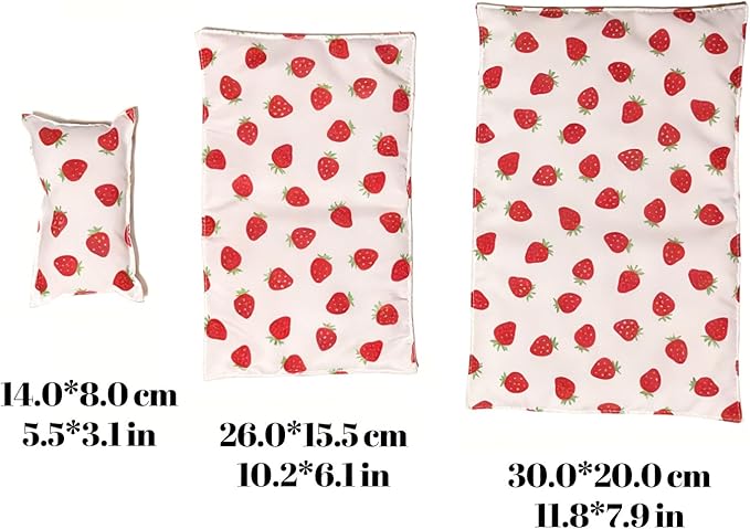 Wooden Bed Set for Labubu Doll, Accessories Include Side Ladder Mattress Pillow Blanket Strawberry Patterns, Dollhouse Furniture Decor for Room Collection