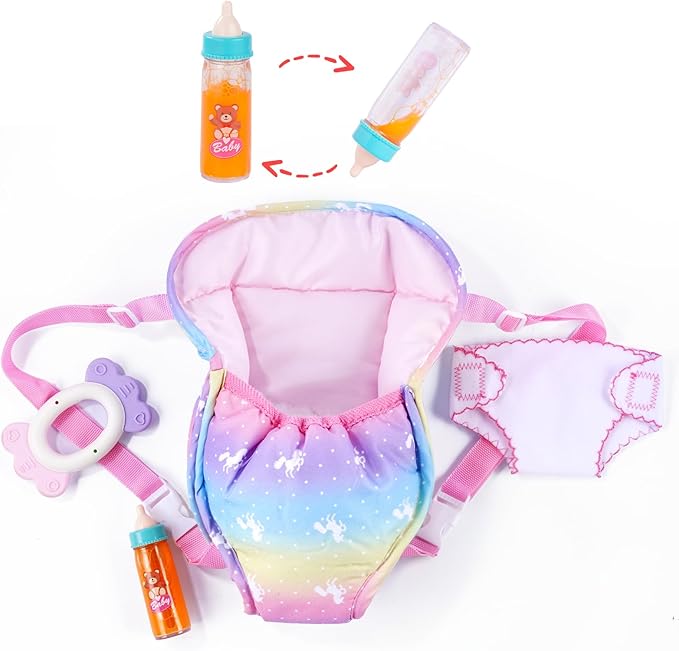 BABESIDE Baby Doll Accessories, Doll Carrier with Magic Bottle, Doll's Diaper, Rattle Toy – Baby Dolls Accessories Set for 12-15 Inch Dolls, Pretend Play Gift for Girls