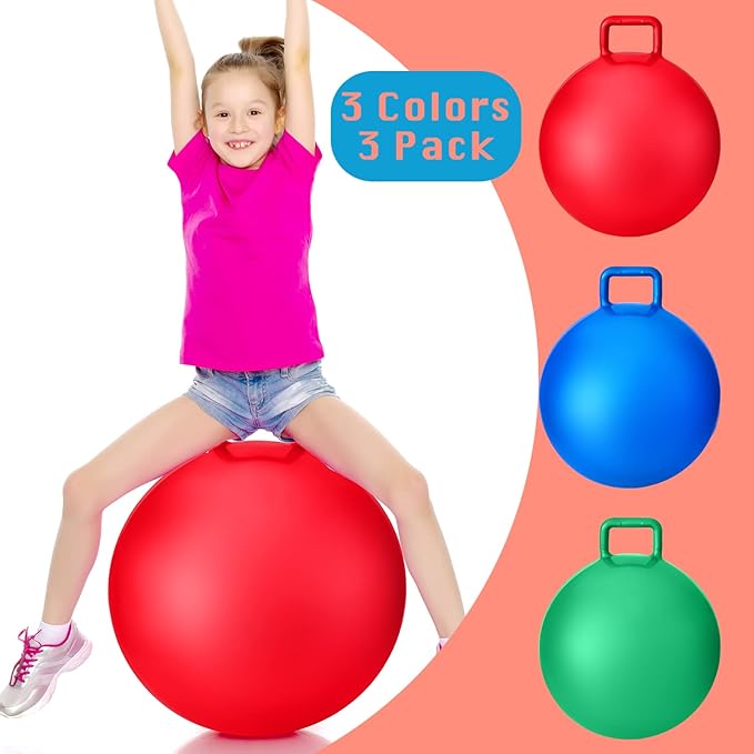 Lewtemi 3 Pcs 22 Inch Bouncing Ball with Handle, Outdoors Hopper Jumping Hopping Ball and Air Pump for Sports Exercise (Red, Blue, Green)