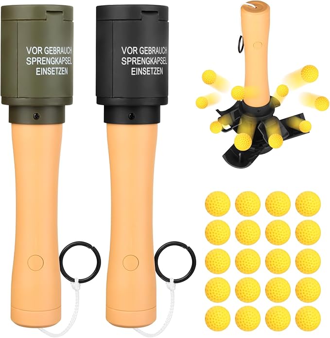 Tactical Toy-Grenade for CS Battle Game,2Pcs Fall Resistant Refillable Fun Impact Pull Ring Grenade Toy with 20 Foam Ammo for 14+ Outdoor Sport