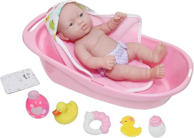 JC Toys - La Newborn | 10 piece Layette Deluxe Bathtub Gift Set | 12.5" Life-Like Vinyl Newborn Doll with Accessories | Pink | Waterproof | Ages 2+ (18370)