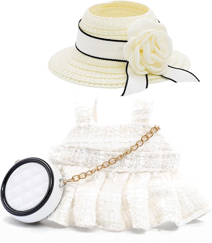 Clothes for 17cm Dolls, Luxury Chic Style Set High-End Fashion Outfit 3 Piece Set Including a Hat,Clothes and Bag with Premium Dolls Accessories for Play & Display (White) - No Logo