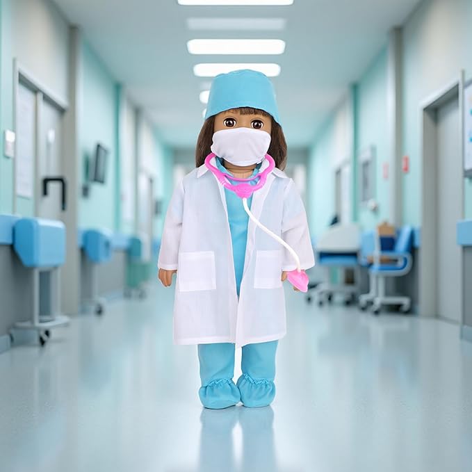 MSYO 18 Inch Doll Doctor Playset-Pretend Play Medical Kit with White Coat,Scrubs & Surgical Tools,Stem Roleplay Costume for Kids Ages 3-12,Fits Most 18-Inch Girl & Boy Dolls(Blue)