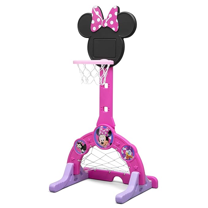 Delta Children Disney Minnie Mouse 4-in-1 Sports Center – Adjustable Easy Score Basketball Hoop, Soccer/Hockey Net and Golf Game, 4 Golf/Hockey Balls, Pink