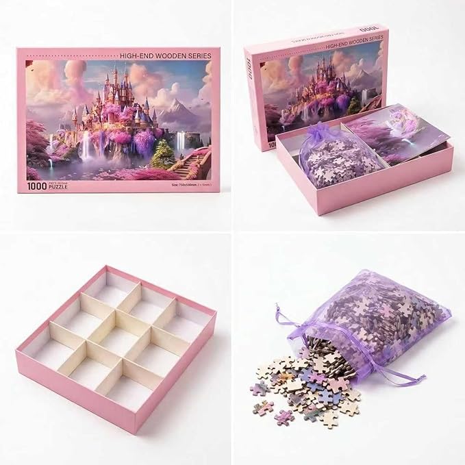 Dreamy Pink Castle Fantasy Art Puzzle 1000 Pieces with Letters on Back Only, Cherry Blossom Waterfall Scenery Jigsaw Puzzles for Adults, Includes Poster & Storage Bag, 29.5x19.7in