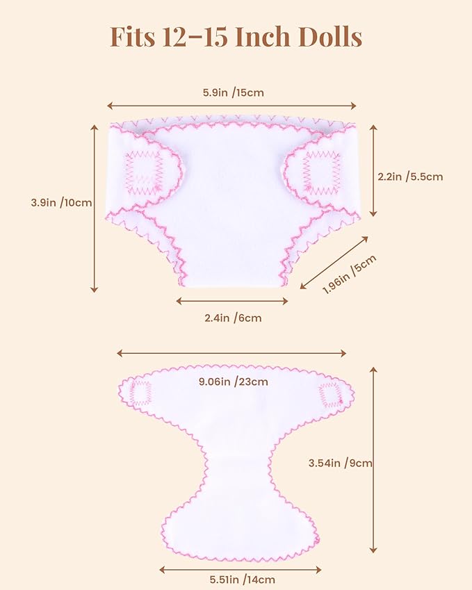 BABESIDE 6 Pcs Baby Doll Diapers for 12-15 Inch Dolls, Reusable & Washable Doll Underwear Fits Baby Dolls, Pretend Play Accessories for Girls