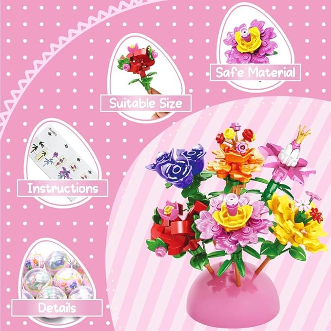 UMEELR Pre Filled Easter Eggs with Flowers, 12Pcs DIY Flower Surprise Building Blocks Toys for Basket Stuffers, Easter Egg Hunt Classroom Prize Toys