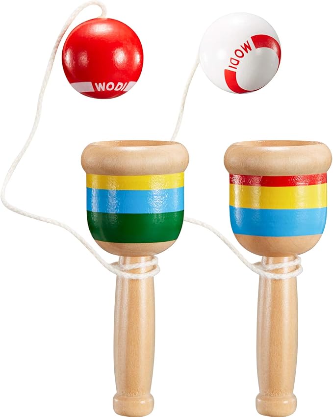 TOODOO 2-Piece Jacks Game with Paddle, String, Cup and Ball - Mini Wood Catch Ball for Hand-Eye Coordination