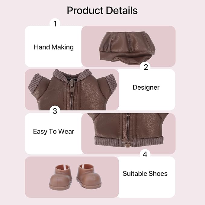 17cm Doll Clothes Sets(No Doll) Brown Leather Jacket Outfits Handcrafted Designer Clothes Including Hat Jacket Trousers and Shoes