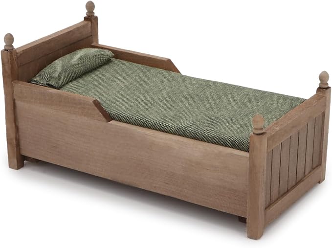 Dollhouse Miniature Bed with Drawer 1:12 Wooden Furniture European Bedroom Bedding Furniture Accessories with Pillow & Mattresses Vintage Floral Fabric Mini House Decoration (Brown)