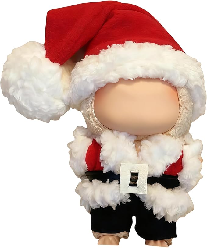 Christmas Clothes for LABUBU 17cm Doll (NO Doll) - 4 Set Handmade Crochet Holiday Outfit with Santa Hat, Top, Black Belt & Cute Pants Accessories (Santa Claus)