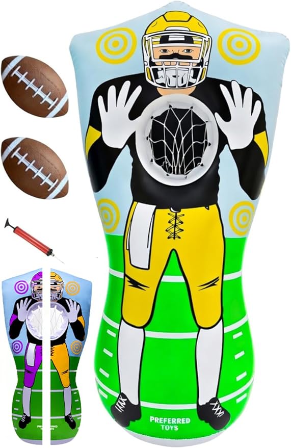 65” Inflatable Football Target Net Toss Game - Double-Sided Throwing Practice Football Stuff with Mini Balls - Backyard Tailgate Party Sports Toy for Kids & Adults