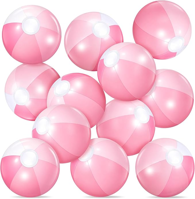 Realspring 12 Pcs Pastel Inflatable Beach Balls Kids Bulk Stripe Jumbo Big Beach Balls Pool Floating Toy for Adult Water Game Baby Shower Birthday Summer Swimming Party (Pink and White,10 Inch)