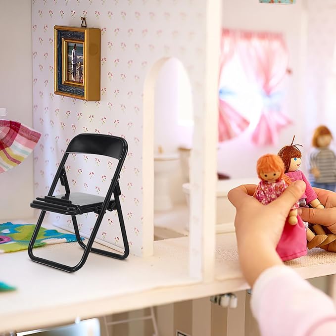 Gadpiparty 12pcs Mini Chairs for Crafts, Mini Folding Chair, Action Figure Accessories Phone Holder Stand Doll Dollhouse Decoration Miniature Furniture Black
