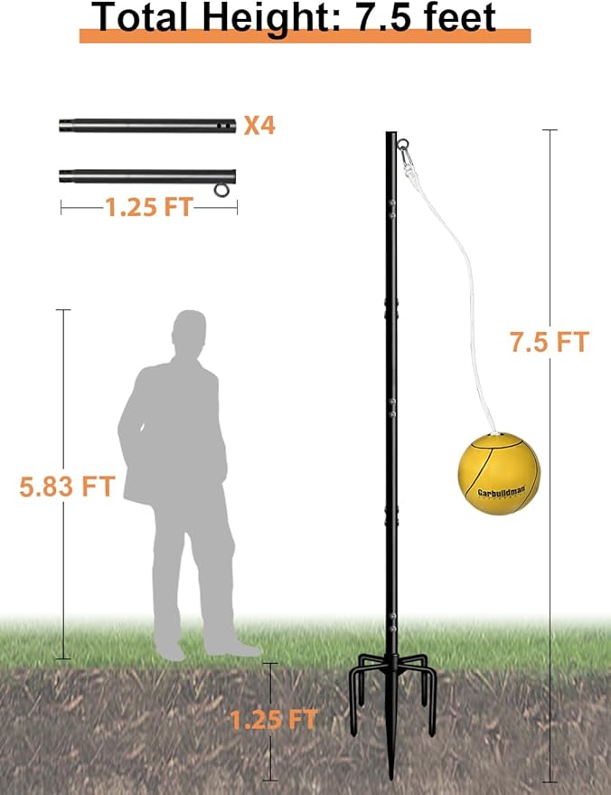 Garbuildman Tetherball Set with Ball & Rope for Outdoor Backyard, Adjustable Tether Ball Pole with Screw Reinforcement 5-Prong Base for Playground, Outside Ball Games Sports for Kids & Adults