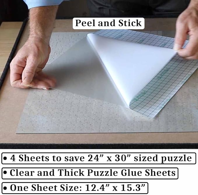 Save 10 x 1000 Piece Puzzles - 40 Clear Puzzle Glue Sheets Extra Large Thick No Mess Jigsaw Puzzle Saver Tape Peel and Stick Adhesive Backing