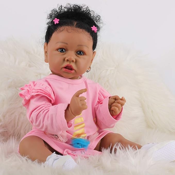 HOOMAI Reborn Baby Black Dolls African American Lifelike Silicone Doll Realistic 22.8 Inch with Cloth Body Birthday Gift Set for Ages 3+