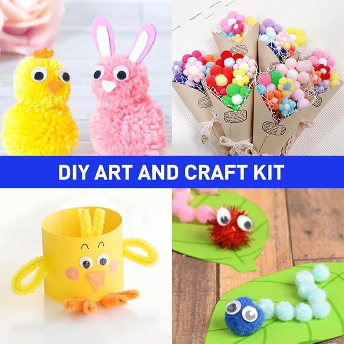 Craft Kids Art Supply Set, with Foam Pom Poms, Craft Sticks, Artificial Roses, Googly Eyes, Rainbow Colors, Perfect for Children Activities and DIY Projects