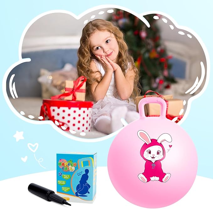 PlayZap Hopper Balls for Kids 3-8, 18 Inches Bouncy Ball with Handle, 18" Inflatable Bouncing Hopper, Pink Rabbit Jumping Toys, Garden Hopping Toys Girls Boys Easter Gifts